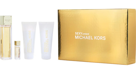 Sexy Amber by Michael Kors Gift Set – 100ml Eau de Parfum, 100ml Shower Gel, 100ml Body Lotion, and 5ml Mini Spray in sleek gold and white packaging.