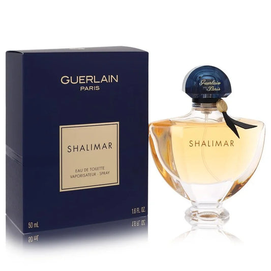 Bottle of Guerlain Shalimar Eau de Toilette with soft lighting and vintage-inspired elegance 50ml
