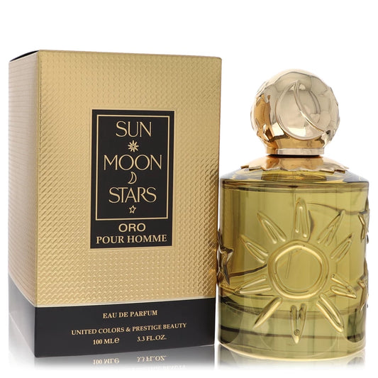 Perfume bottle and packaging of 'Sun Moon Stars' Oro Pour Homme by United Colors & Prestige Beauty. 100ml