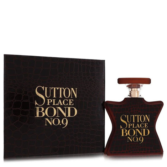 Bottle of Sutton Place by Bond No. 9 Eau de Parfum with dark gold detailing and a sleek, urban New York backdrop 100ml