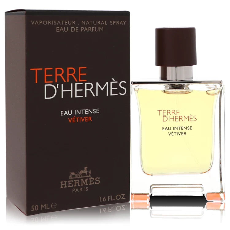 Hermès Terre d’Hermès Eau Intense Vétiver – bold earthy vetiver fragrance in dark amber bottle. 50ml