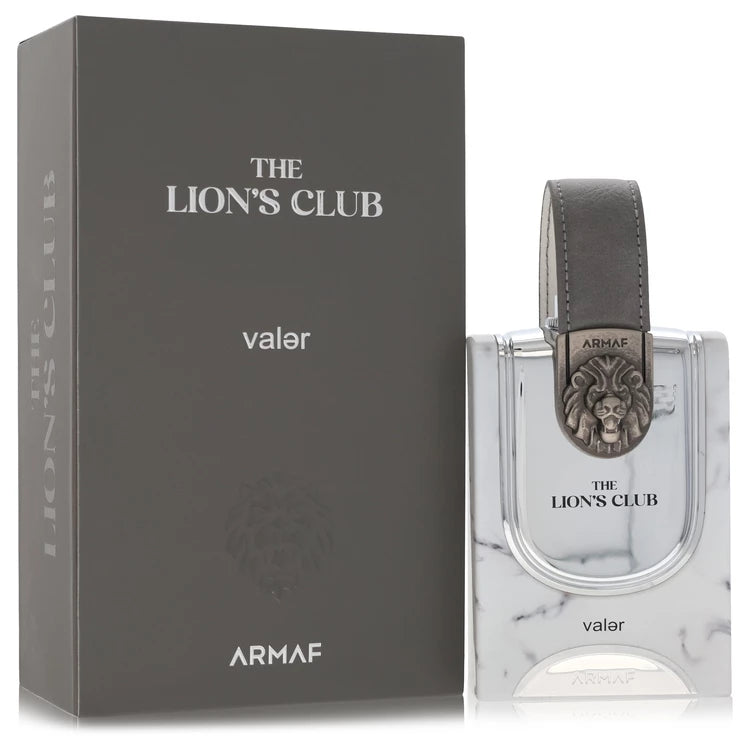 Armaf The Lion's Club valer cologne bottle next to its dark gray packaging box, featuring a marble-patterned bottle with a leather strap and lion emblem.