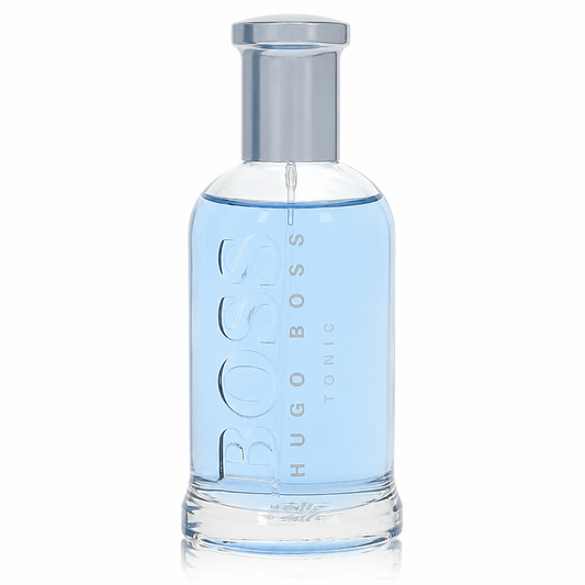 Hugo Boss Tonic Eau de Toilette bottle with light blue liquid, featuring a silver metallic cap and embossed lettering on a white background. 100ml