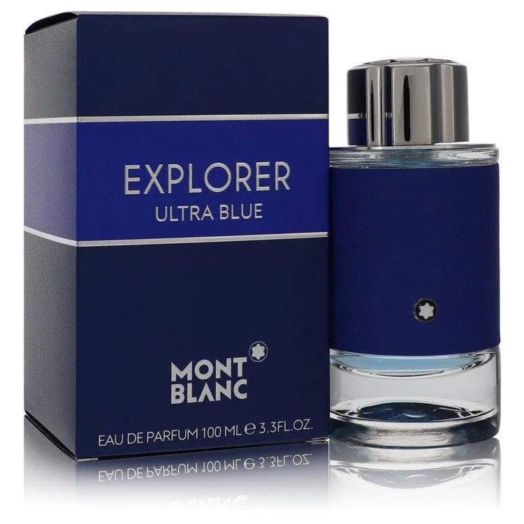 Montblanc Explorer Ultra Blue – fresh marine fragrance in deep blue bottle with leather detailing. 100ml
