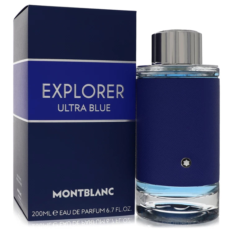 Montblanc Explorer Ultra Blue perfume bottle and packaging on a white background 200ml