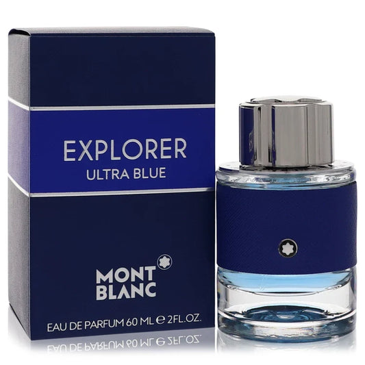 Montblanc Explorer Ultra Blue – fresh marine fragrance in deep blue bottle with leather detailing. 60ml