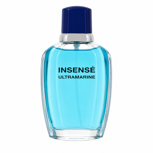Bottle of Insensé Ultramarine by Givenchy Eau de Toilette for Men with oceanic blue tones white background 100ml