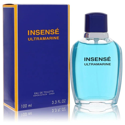 Bottle of Insensé Ultramarine by Givenchy Eau de Toilette for Men with oceanic blue tones and a sporty seaside background 100ml