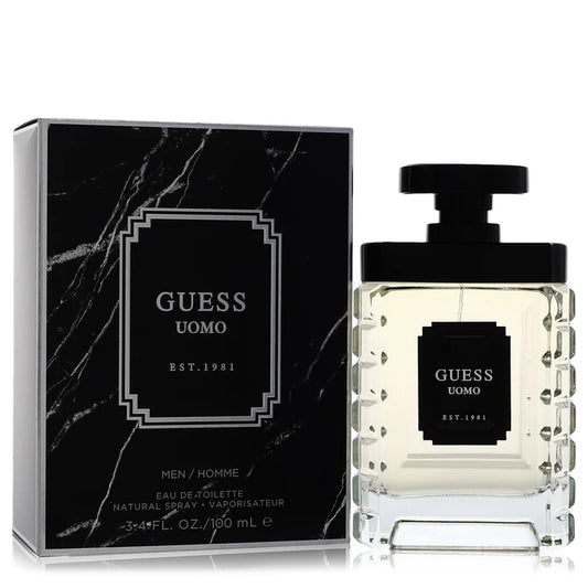 Guess Uomo perfume bottle and packaging on a white background 100ml