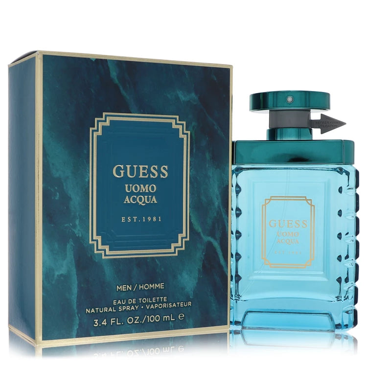 Guess Uomo Acqua perfume bottle and packaging on a white background 100ml