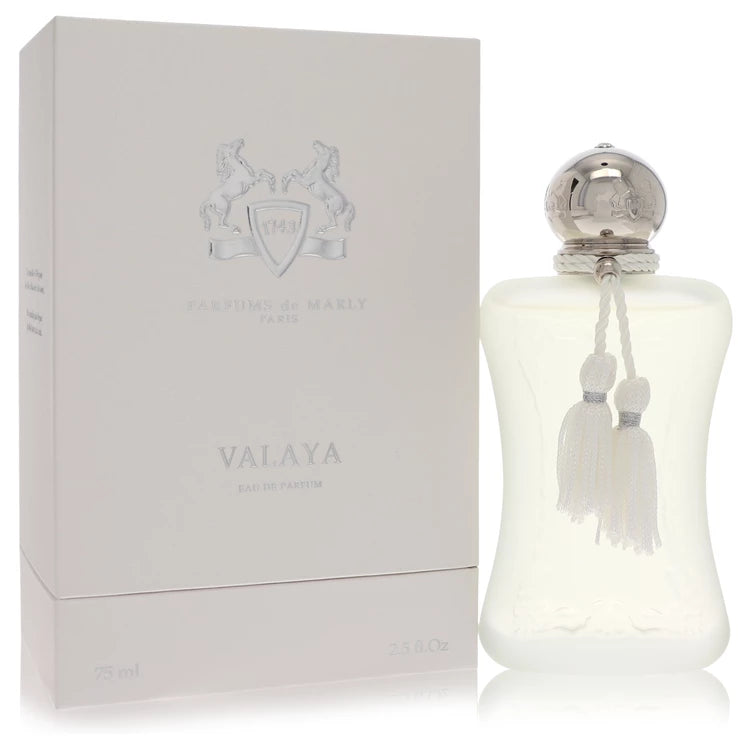 Parfums de Marly Valaya Eau de Parfum luxury women's fragrance in an elegant white bottle with silver detailing, featuring bergamot, white peach, orange blossom and white musk. 75ml