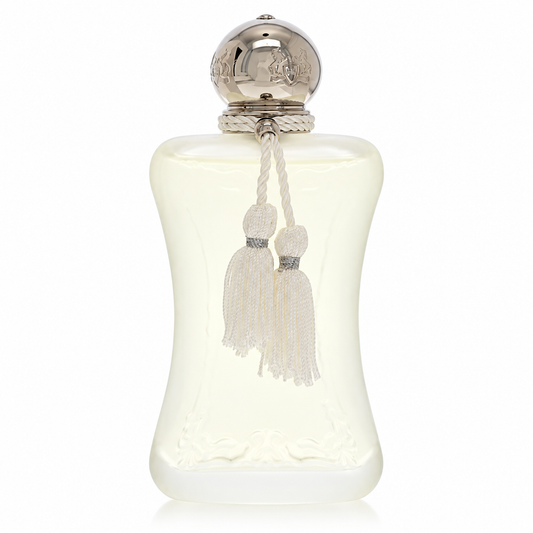 Parfums de Marly Valaya Eau de Parfum luxury women's fragrance in an elegant white bottle with silver detailing, featuring bergamot, white peach, orange blossom and white musk. 75ml