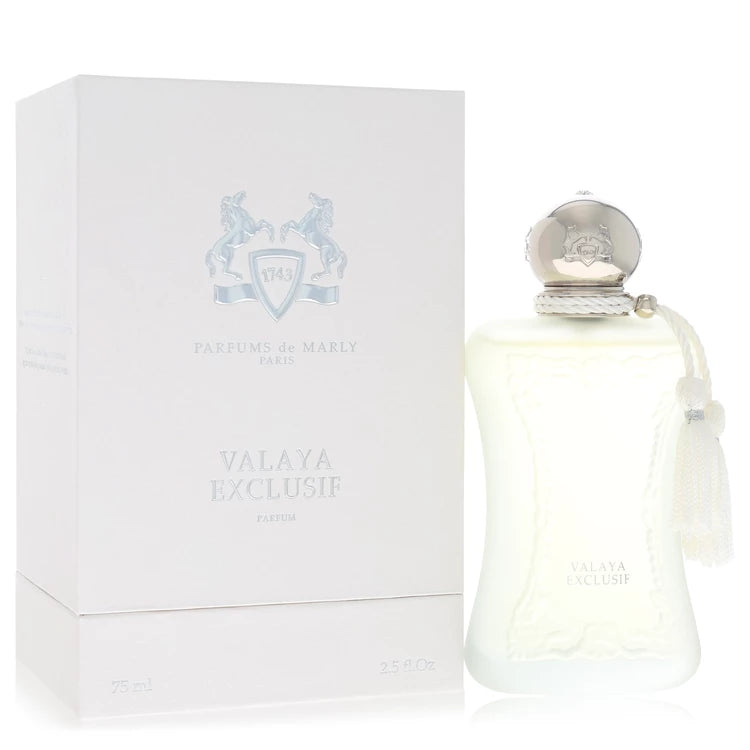 Parfums de Marly Valaya Exclusif Eau de Parfum luxury women's fragrance in an elegant ivory bottle with gold detailing and decorative tassels. 75ml