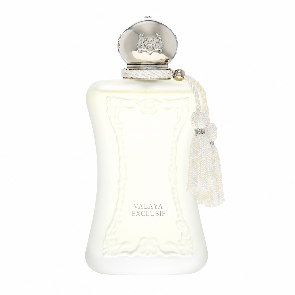 Parfums de Marly Valaya Exclusif Eau de Parfum luxury women's fragrance in an elegant ivory bottle with gold detailing and decorative tassels. 75ml