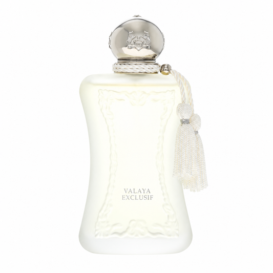 Parfums de Marly Valaya Exclusif Eau de Parfum luxury women's fragrance in an elegant ivory bottle with gold detailing and decorative tassels. 75ml
