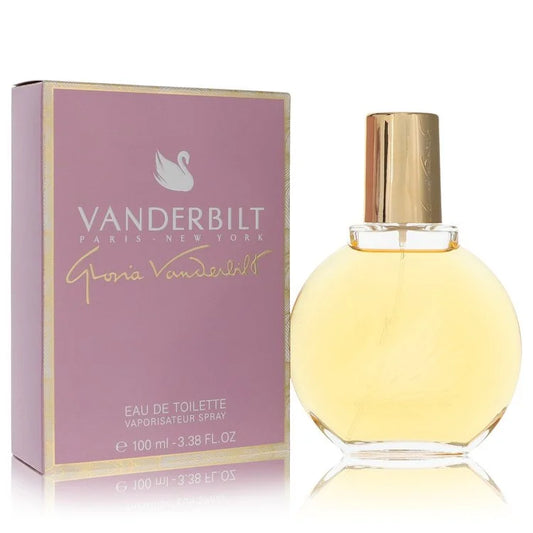 Bottle of Vanderbilt by Gloria Vanderbilt Eau de Toilette with soft floral background and swan emblem 100ml