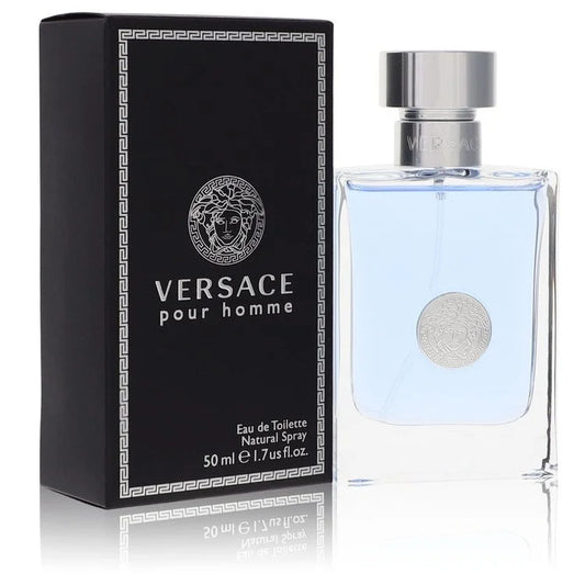 Versace Pour Homme – classic citrus aromatic scent in clear glass bottle with silver accents. 50ml
