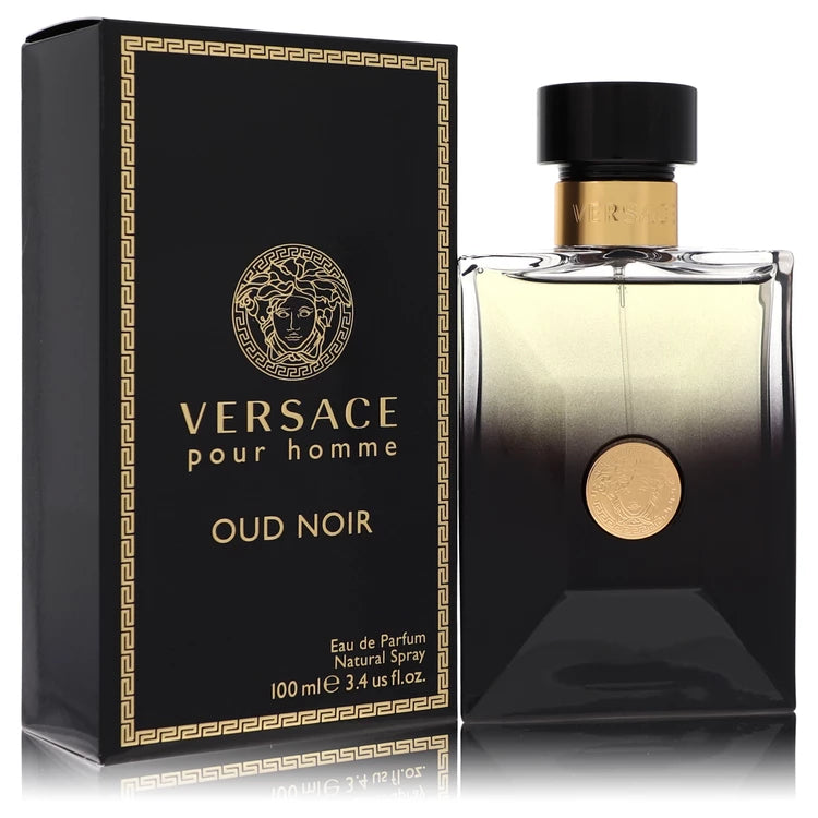 Versace Pour Homme Oud Noir Eau de Parfum luxury men's fragrance in an elegant black bottle with gold Medusa detailing, featuring black pepper, saffron, frankincense, oud, patchouli and leatherwood. 100ml