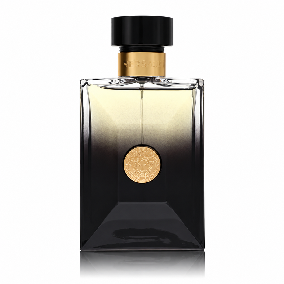 Versace Pour Homme Oud Noir Eau de Parfum luxury men's fragrance in an elegant black bottle with gold Medusa detailing, featuring black pepper, saffron, frankincense, oud, patchouli and leatherwood. 100ml