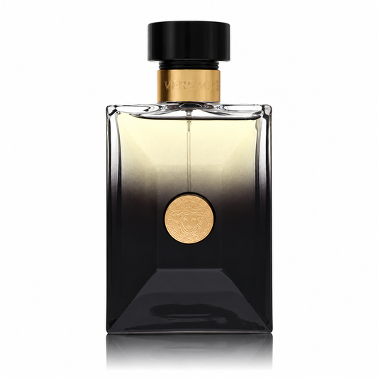 Versace Pour Homme Oud Noir Eau de Parfum luxury men's fragrance in an elegant black bottle with gold Medusa detailing, featuring black pepper, saffron, frankincense, oud, patchouli and leatherwood. 100ml