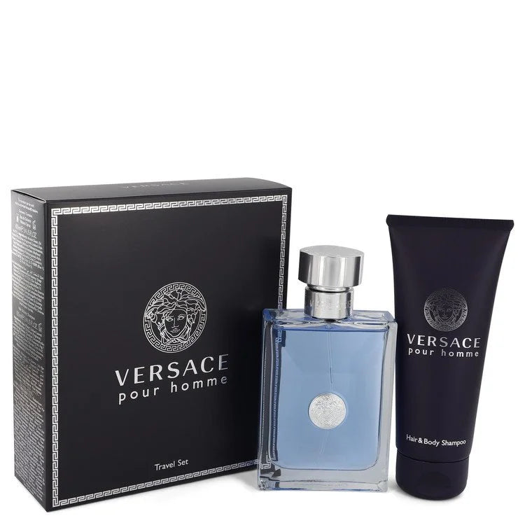 Versace pour homme travel set with perfume and shampoo on a white background