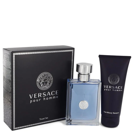 Versace pour homme travel set with perfume and shampoo on a white background