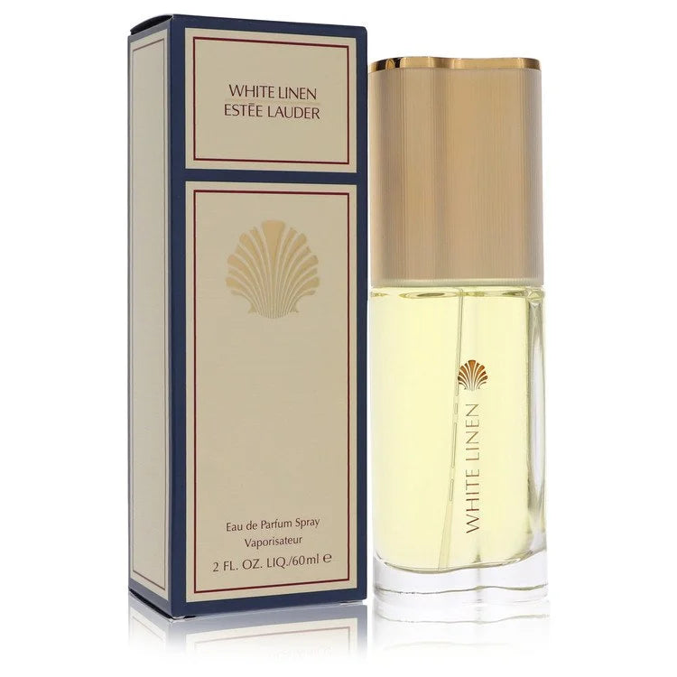 Bottle of White Linen by Estée Lauder Eau de Parfum with soft white linens and floral background 60ml