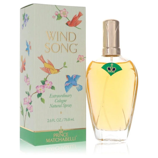 Bottle of Prince Matchabelli Wind Song Eau de Cologne for Women 77ml with soft floral and vintage background