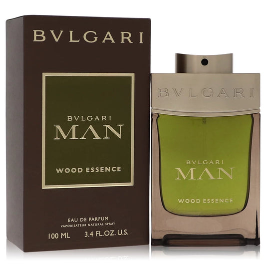 Bulgari Man Wood Essence eau de parfum bottle and packaging on a white background 100ml