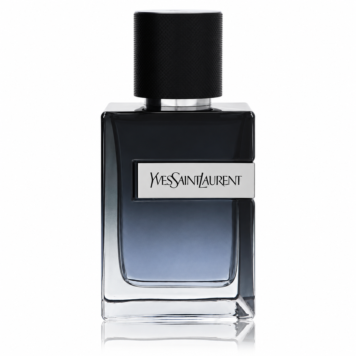 Yves Saint Laurent Y Eau de Parfum luxury men's fragrance in a sophisticated dark blue gradient glass bottle with the iconic silver Y logo, featuring green apple, bergamot, ginger, sage, amberwood and tonka bean. 60ml